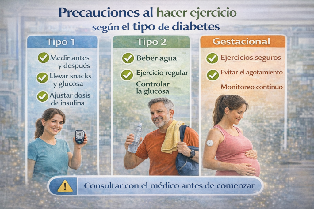 Precauciones al hacer ejercicio según el tipo de diabetes (tipo 1, tipo 2 y gestacional)